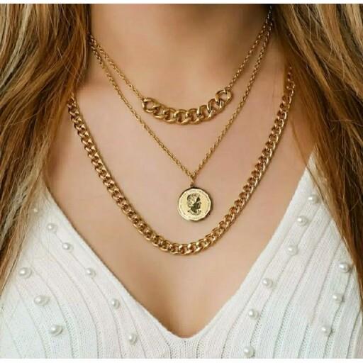 گردنبند سه لاین زنانه کارتیر الیزابت دار، ارسال  ، رنگ ثابت تضمینی ، مناسب استفاده روزانه و هدیه،بدلیجات استیل ،